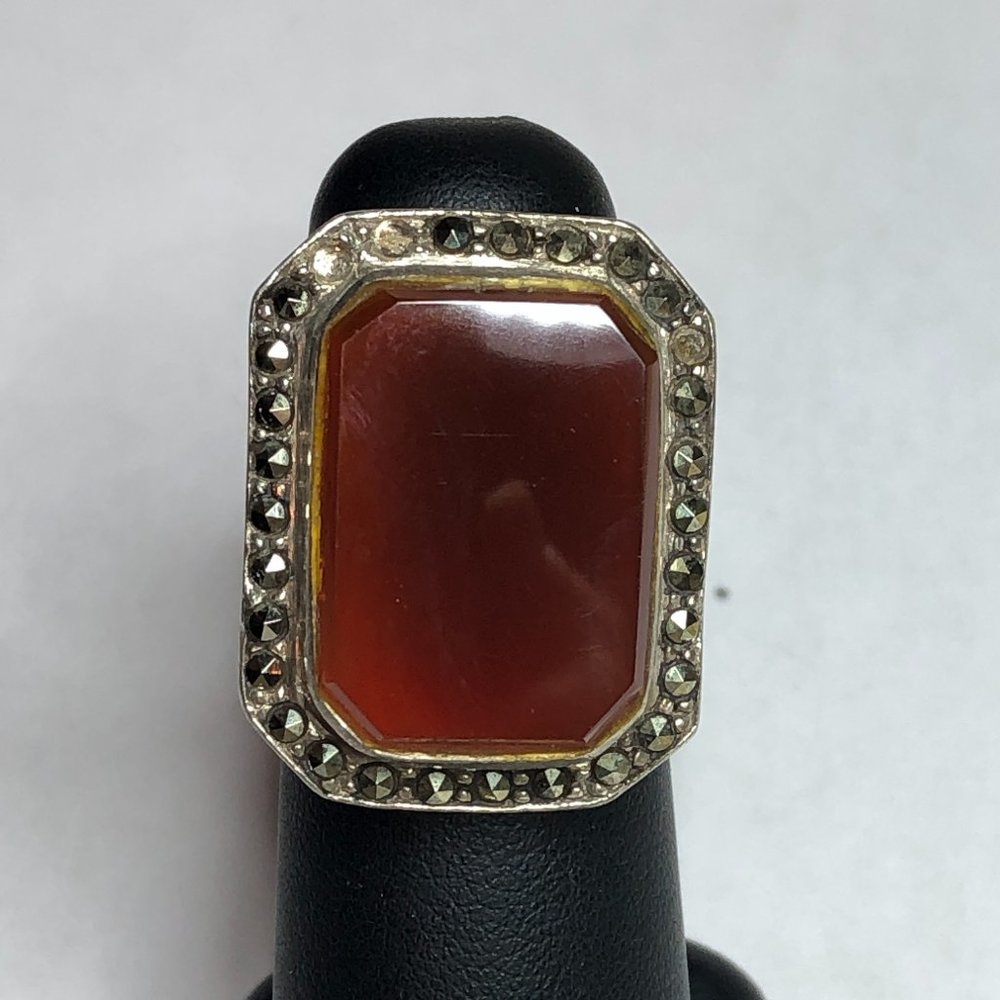 Sterling Ring w/ Large Carnelian & Marcasite Sz 9